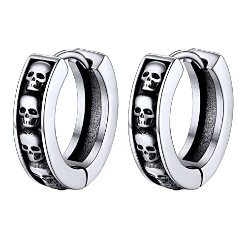 PROSTEEL Stainless Steel Huggie Hoop Earrings for Mens Gold/Black/Silver | Skull/Infinity Pattern, Spike/Cuban Links 4 Design Options Hypoallergenic Lightweight Earring Hip Hop Punk Gothic Jewelry - style: Skull-Silver