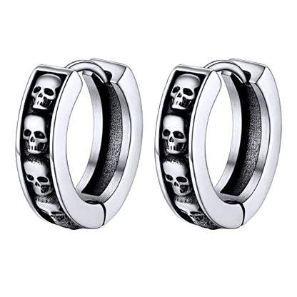 PROSTEEL Stainless Steel Huggie Hoop Earrings for Mens Gold/Black/Silver | Skull/Infinity Pattern, Spike/Cuban Links 4 Design Options Hypoallergenic Lightweight Earring Hip Hop Punk Gothic Jewelry - style: Skull-Silver
