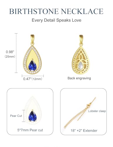 Birthstone Pendant Necklaces for Women 925 Sterling Silver Teardrop Pendant Necklace Birthday Jewelry Gift, 18"+2" Inches - color: 09 - Sapphire