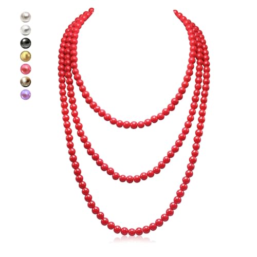 Women's Long Pearl Necklace - Natural Cultured Pearls - Luxurious 8mm Strand Pearls - 1920s Timeless Elegance - Great for Wives, Girlfriends, Sisters, and Besties - Length 60In/71In - color: Crimson Fire, size: 60In