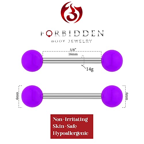 Forbidden Body Jewelry 14g 16mm (5/8 Inch) Hypoallergenic Titanium Double Ball Nipple & Tongue Ring Barbells - style: Purple