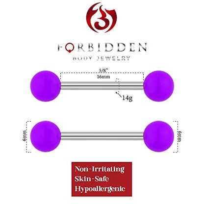 Forbidden Body Jewelry 14g 16mm (5/8 Inch) Hypoallergenic Titanium Double Ball Nipple & Tongue Ring Barbells - style: Purple