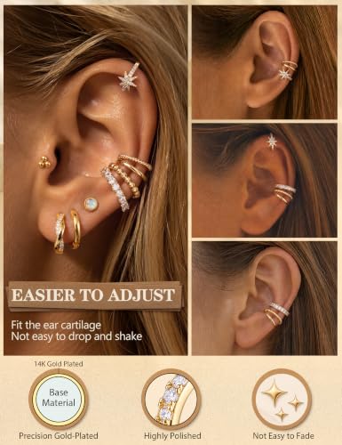 LOLIAS 4 Pairs Ear Cuffs Non Piercing - 14K Gold Plated Ear Cuff Earrings for Women Ear Cuff for Non Pierced Ears Clip on Cartilage Earring Adjustable Fake Earrings Set - style: Stars -14K Gold Plated