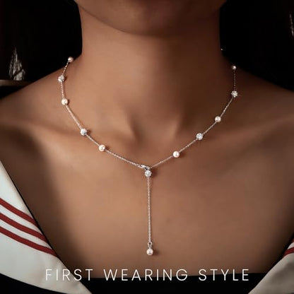 925 Sterling Silver Lariat Necklace for Women | Long 14K Gold Plated Y-Shaped Pearl Necklace CZ Crystal Ball Sparkle Necklace for Mother Daughter Bride Wedding Jewelry - color: Style 4-Silver