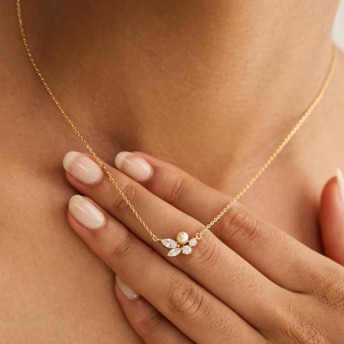 Pearl Necklaces for Women,Dainty Gold Pendant Necklaces Waterproof Jewelry | 14K Gold Plated Pearl Necklaces,Dainty Elegant Wedding Necklace,Small Cute Adjustable Minimalist Necklace,Non Tarnish Jewelry - color: GOLD-14