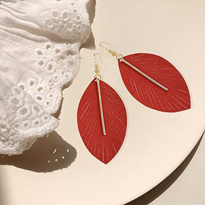 YUNXI Large Genuine Soft Leather Handmade Fringe Feather Lightweight Leaf with Simple Drop Metal Bar Tear Drop Dangle Color Earrings for Women - color: Red