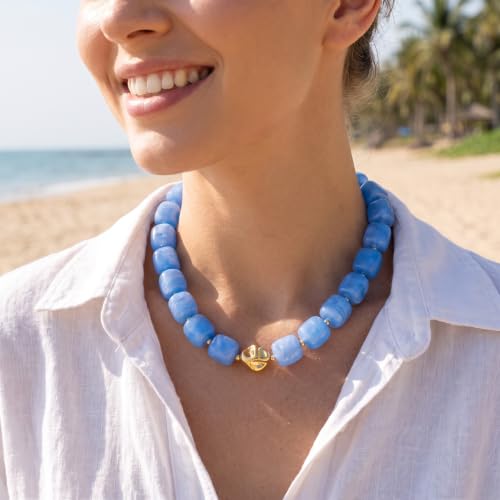 Chunky Beaded Necklace for Women,Square Resin beads boho Choker Necklace with gold-tone spacers,Fashion Trendy Summer Beach Party Necklaces Handmade Surfer Beach Necklaces Jewelry Gifts - color: Blue