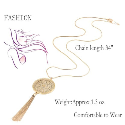 MOLOCH Long Necklaces For Woman Disk Circle Pendant Necklaces Tassel Fringe Necklace Set Statement Pendant - color: A:gold