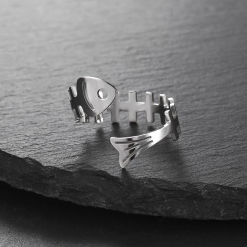 Funny Fishbone Ring, Stainless Steel Adjustable Open Rings for Women Trendy, Special Christmas Gift for Friend Lover Daughter - color: Silver