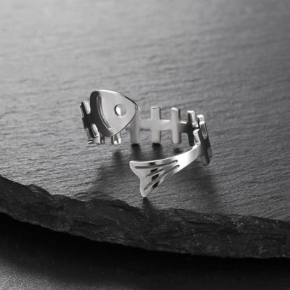 Funny Fishbone Ring, Stainless Steel Adjustable Open Rings for Women Trendy, Special Christmas Gift for Friend Lover Daughter - color: Silver