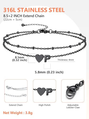 Silvora Ankle Bracelets for Women Waterproof 14K Gold/Silver/Black Initial Anklet for Women Dainty Layered Heart Ankle Bracelets Stainless Steel Adjustable Foot Chain Anklet Summer Beach Jewelry - color: P-Black