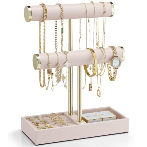 VLANDO Jewelry Organizer, 2 Tier Jewelry Bracelet Necklace Holder with Tray | Scratch Resistant PU Leather and Gold Bars, Display Bracelets and Watches,Stores Rings, Earrings and Items for Easy Daily Use - color: Pink, size: 2 Tier