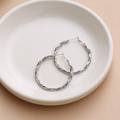 14k Gold Plated Hoop Earrings for Women, 925 Sterling Silver Posts Thick Twist Hypoallergenic Chunky Large Earrings 20mm 30mm 40mm 50mm - color: silver, size: 40mm