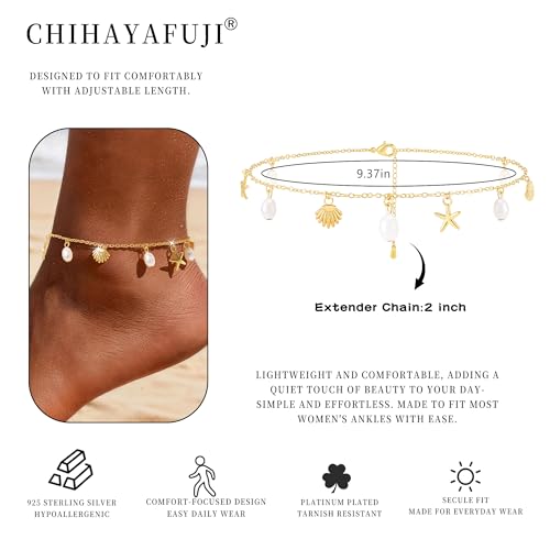 Sterling Silver Ankle Bracelets for Women 14k Gold Plated Waterproof Dainty Layered Stackable Seashell Pearl Charm Non Tarnish Adjustable Anklet for Summer Beach Jewelry Gift - color: Gold3