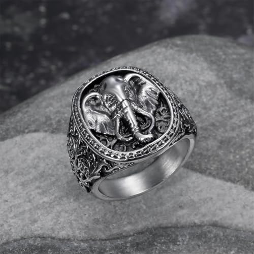 Men's Silver Gold Elephant Head Ring Stainless Steel Biker Band | Religious Engraved Chunky Signet Band for Men, Elephant Animal Lucky Ring, Retro Amulet Jewelry Gift for Him - color: Silver