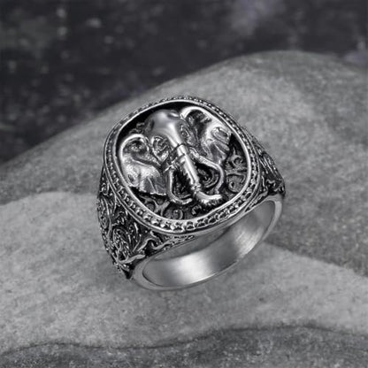 Men's Silver Gold Elephant Head Ring Stainless Steel Biker Band | Religious Engraved Chunky Signet Band for Men, Elephant Animal Lucky Ring, Retro Amulet Jewelry Gift for Him - color: Silver