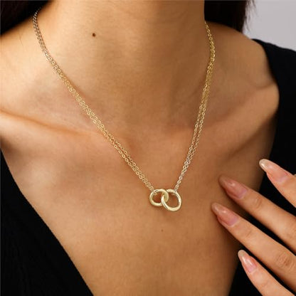 Gold Necklace for Women, Dainty 14K Gold Plated Pendant Necklaces for Women Trendy Simple Choker Chain Cubic Zirconia Circle/Interlocking/Sun/Pearl Necklace Fashion Jewelry Charm Gifts - color: Smooth Double Circle