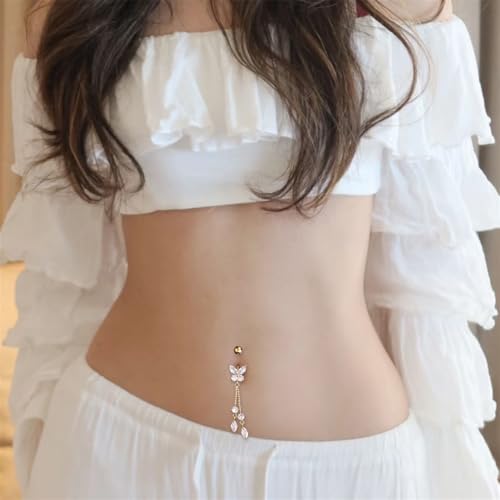 14G CZ Butterfly Tassel Dangle Belly Button Rings for Women Hypoallergenic Stainless Steel Navel Ring 3/8 Inch Belly Piercing Barbell Dainty Navel Piercing Jewelry - color: Silver