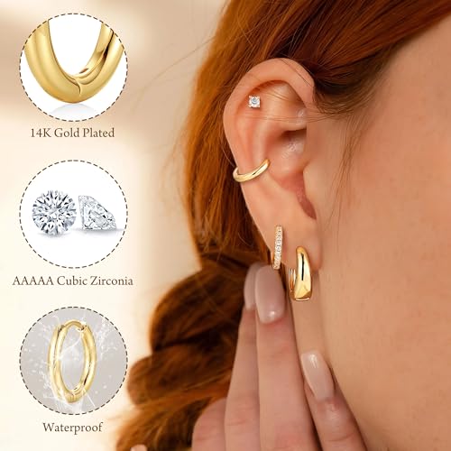 M MOOHAM Gold Hoop Earrings for Women Girls, Hypoallergenic Earring Stacks | Dainty 14K Real Gold Plated Earring Set for Sensitive Ears, Waterproof Non-Tarnish, Lightweight & Comfy, Jewelry Gifts - color: 14K Gold Plated