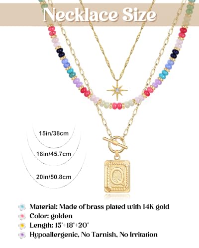 MJartoria Layered Initial Necklaces for Women | 14K Gold Plated Brass, Star Choker, Colorful Beaded, Square Letter Pendant, - color: Gold Plated, style: Q