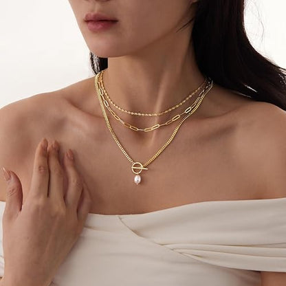 Poxtex Layered Gold Necklaces for Women, Stackable Dainty 14K Gold Silver Plated Trendy Simple Heart Diamond Cross Bow Circle Pendant Paperclip Choker Dot Chain Necklace,Jewelry Set Gifts for Women - color: Gold, style: Pearl1