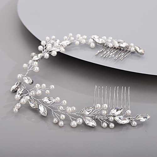 Chargances Bridal Pearl Crystal Hair Vine Comb Wedding Silver Long Headband Hair Comb Fashion Handmade Headpiece Bridal Hair Accessories for Wedding Prom Flower Girl (Silver) - color: Silver