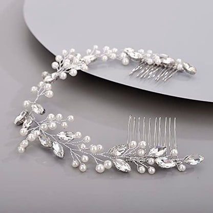 Chargances Bridal Pearl Crystal Hair Vine Comb Wedding Silver Long Headband Hair Comb Fashion Handmade Headpiece Bridal Hair Accessories for Wedding Prom Flower Girl (Silver) - color: Silver