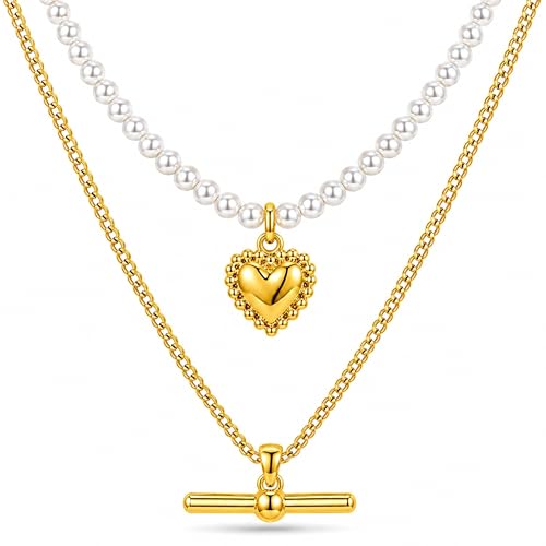 Layered Necklaces for Women Pearl Necklace Stack Gold T Bar Necklace Set Dainty Heart Pendant Jewelry Trendy 2026 Fashion Accessories Gifts - color: A1:2pcs-gold