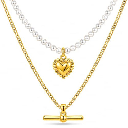Layered Necklaces for Women Pearl Necklace Stack Gold T Bar Necklace Set Dainty Heart Pendant Jewelry Trendy 2026 Fashion Accessories Gifts - color: A1:2pcs-gold