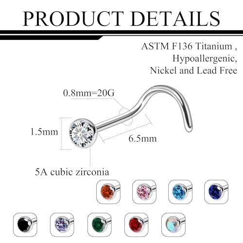Ruifan ASTM F136 Titanium Nose Rings 18G 20G 22G Jeweled Mix Color Cubic Zirconia Nose Studs Ring Screw L-Shaped Bone Hypoallergenic Body Piercing Jewelry for Women 1.5mm 2mm 2.5mm 3mm 10PCS - style: Screw:20G(0.8mm)-1.5mm CZ
