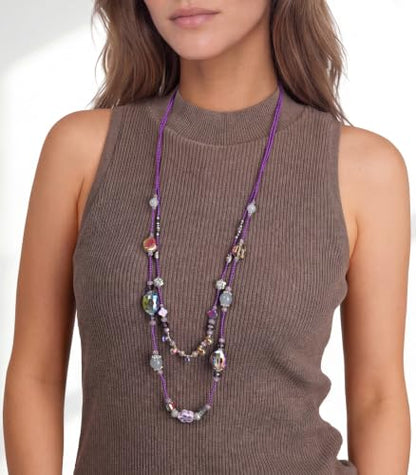 FULU AUTUMN Long Layered Beaded Necklaces for Women Statement Double Bead Strand Ceramic Flower Boho Jewelry Gifts for Mom - color: Purple