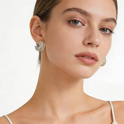Clip on Earrings for Women Silver and Gold Plated Twisted Rope Hoops Non Pierced C Hoop Earring Lightweight Two Tone Clips Mixed Metal Jewelry Gifts - color: Wide Hoop-silver&gold