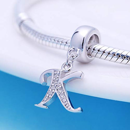 925 Sterling Silver Charms Alphabet Beads fit Pandora Charm Bracelets A-Z Letter Initial Spacer Dangle Clear CZ Stone Authentic for Snake Chain Bracelets - color: K