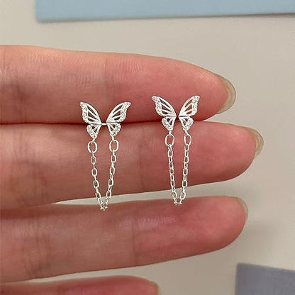 Cute Tiny Butterfly CZ Double Piercing Huggie Small Stud With Short Chain 925 Sterling Silver Cuff Wrap Earrings for Women Cartilage Two Holes Animal Dangle Drop Hypoallergenic - color: Silver