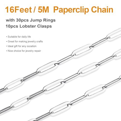 Kyutong 5M Stainless Steel Jewelry Making Chain Roll 4mm Paperclip Chain | 16.4FT Silver Necklace Chains on Spool Paper Clip Link Chains for Crafts DIY Jewelry Findings - color: Silver-6
