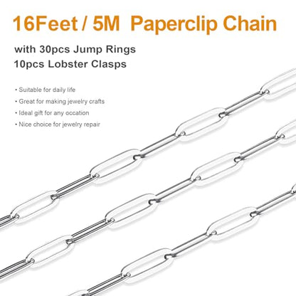 Kyutong 5M Stainless Steel Jewelry Making Chain Roll 4mm Paperclip Chain | 16.4FT Silver Necklace Chains on Spool Paper Clip Link Chains for Crafts DIY Jewelry Findings - color: Silver-6