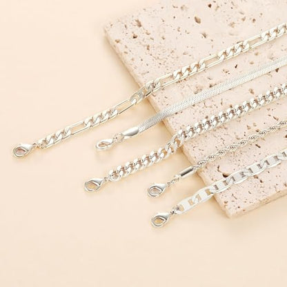 Dainty Ankle Bracelets for Women Waterproof | Layered Gold Plated Tennis Cuban Snake Rope Paperclip Beaded Link Chains Set, Summer Beach Jewelry Gift - color: Silver Anklet B
