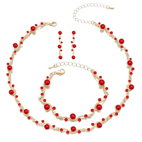 Bridal Pearl Choker Necklace Earrings Bracelet Wedding Crystal Jewelry Set for Women Brides Bridesmaid Prom - color: Siam-Gold Plated