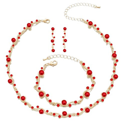 Bridal Pearl Choker Necklace Earrings Bracelet Wedding Crystal Jewelry Set for Women Brides Bridesmaid Prom - color: Siam-Gold Plated