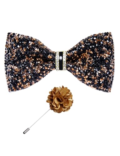 DiBanGu Mens Rhinestone Bow Tie with Ring and Lapel Pin Set | Adjustable Strap,Pre-tied Style,3PCS,Sequin Diamond Bowties，Solid/Mix Color,Shiny Accessory,for Party Prom Banquet Wedding - color: Black and Gold