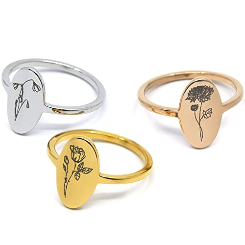 MignonandMignon Birth Flower Ring, Birth Flower Signet Rings | Choose a poppy ring or lily ring, laser engraved on tarnish-resistant stainless steel with gold or silver plating.