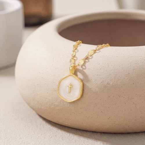 14K Gold/Silver Plated Cross Necklace for Women White Enamel Pendant | Unique Brass Irregular Disc Cross, Dainty Minimalist Faith Jewelry for Everyday Wear, Comes in a Beautiful Box - style: gold style3