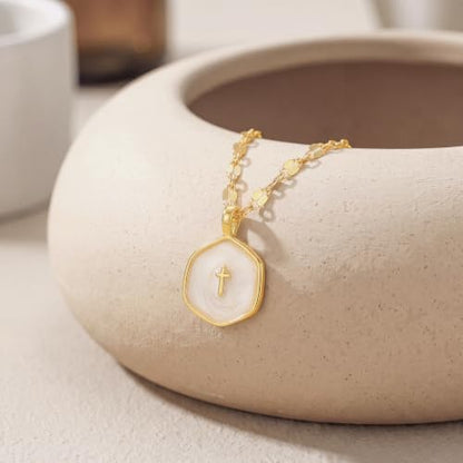 14K Gold/Silver Plated Cross Necklace for Women White Enamel Pendant | Unique Brass Irregular Disc Cross, Dainty Minimalist Faith Jewelry for Everyday Wear, Comes in a Beautiful Box - style: gold style3