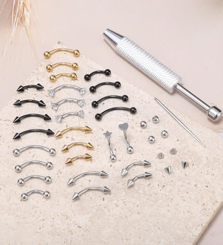 Suotarn 47pcs 16G Stainless Steel Eyebrow Piercing Rings Clear CZ Curved Barbell Helix Daith Rook Earrings Piercing Body Jewelry for Women Men - style: 37pcs mix