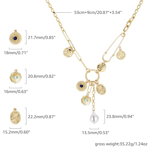Charm Necklace for Women Gold Evil Eye Sun Moon Flower Coin Pendant Necklace Dainty Paperclip Chain Vintage Luck Amulet Choker Necklaces Celestial Jewelry Gift - style: Evil Eye,Pearl,Blue Bead