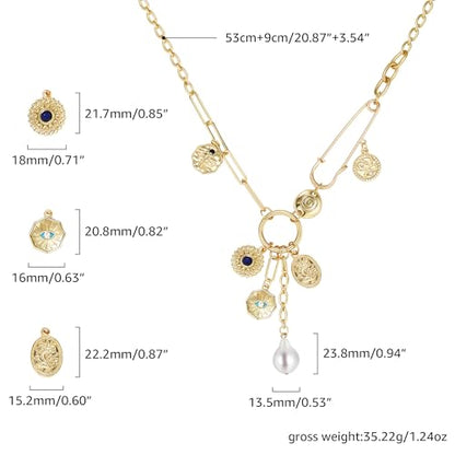Charm Necklace for Women Gold Evil Eye Sun Moon Flower Coin Pendant Necklace Dainty Paperclip Chain Vintage Luck Amulet Choker Necklaces Celestial Jewelry Gift - style: Evil Eye,Pearl,Blue Bead