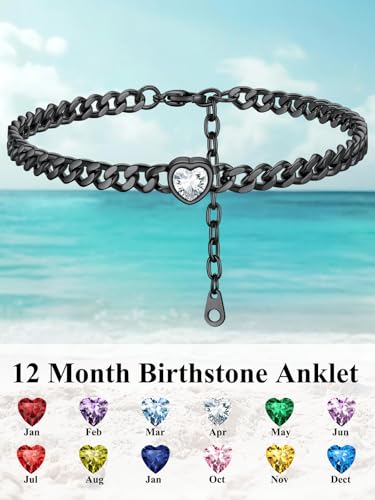 ChainsHouse Cuban Chain Anklets for Women with Heart Birthstone Jan - Dec | Stainless Steel Black Link Chain Ankle Bracelet with Birthstone, Beach Women Anklet 22cm-27cm Adjustable, with Gift Box - color: 04. Apr.-Clear Crystal-Black