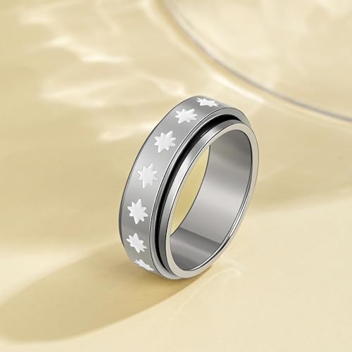 Fidget Anxiety Spinner Rings for Women | 14K Gold Silver Plated, 8mm Thick Stainless Steel Band Ring, Statement Cross Flower Spinning Rings, Jewelry Gifts, Size 6-10 - color: Silver-Star