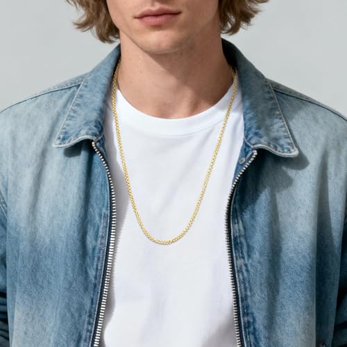 Eusense Stainless Steel Chain Necklace for Men Women Rolo/Wheat/Snake/Box Chain, 2-3MM, 20-24 Inches with Delicate Gift Box - color: 14K Gold-Plated, size: 22+2 Inches Length, style: Rolo Chain-2MM Width
