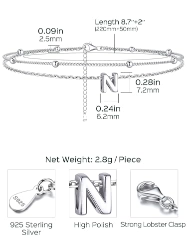 ChicSilver Ankle Bracelets for Women Waterproof, 925 Sterling Silver Initial Anklets for Women, Adjustable Dainty Layered Anklet Beach Jewelry for Women Mom Wife Friend - style: Silver-N